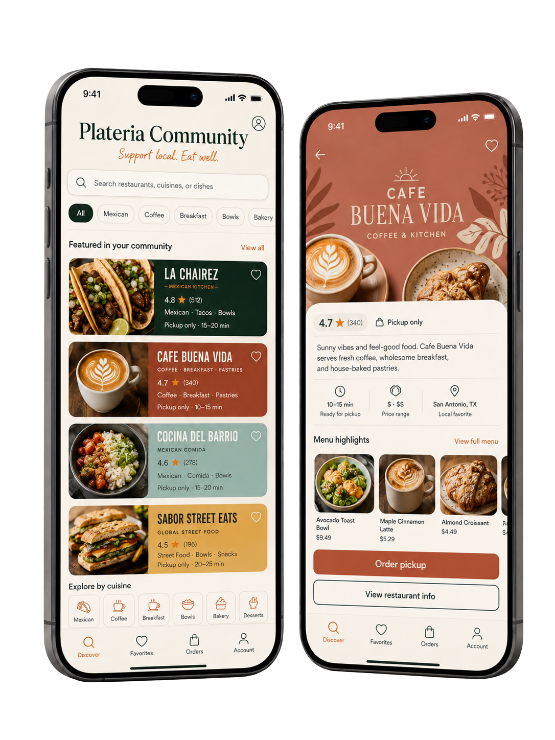 Plateria Community App showing restaurant discovery and a direct restaurant experience