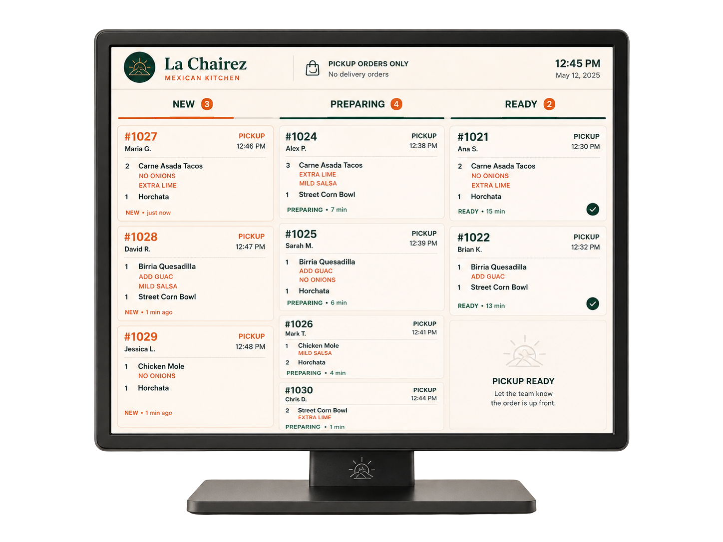 Plateria Kitchen Display showing pickup order queue